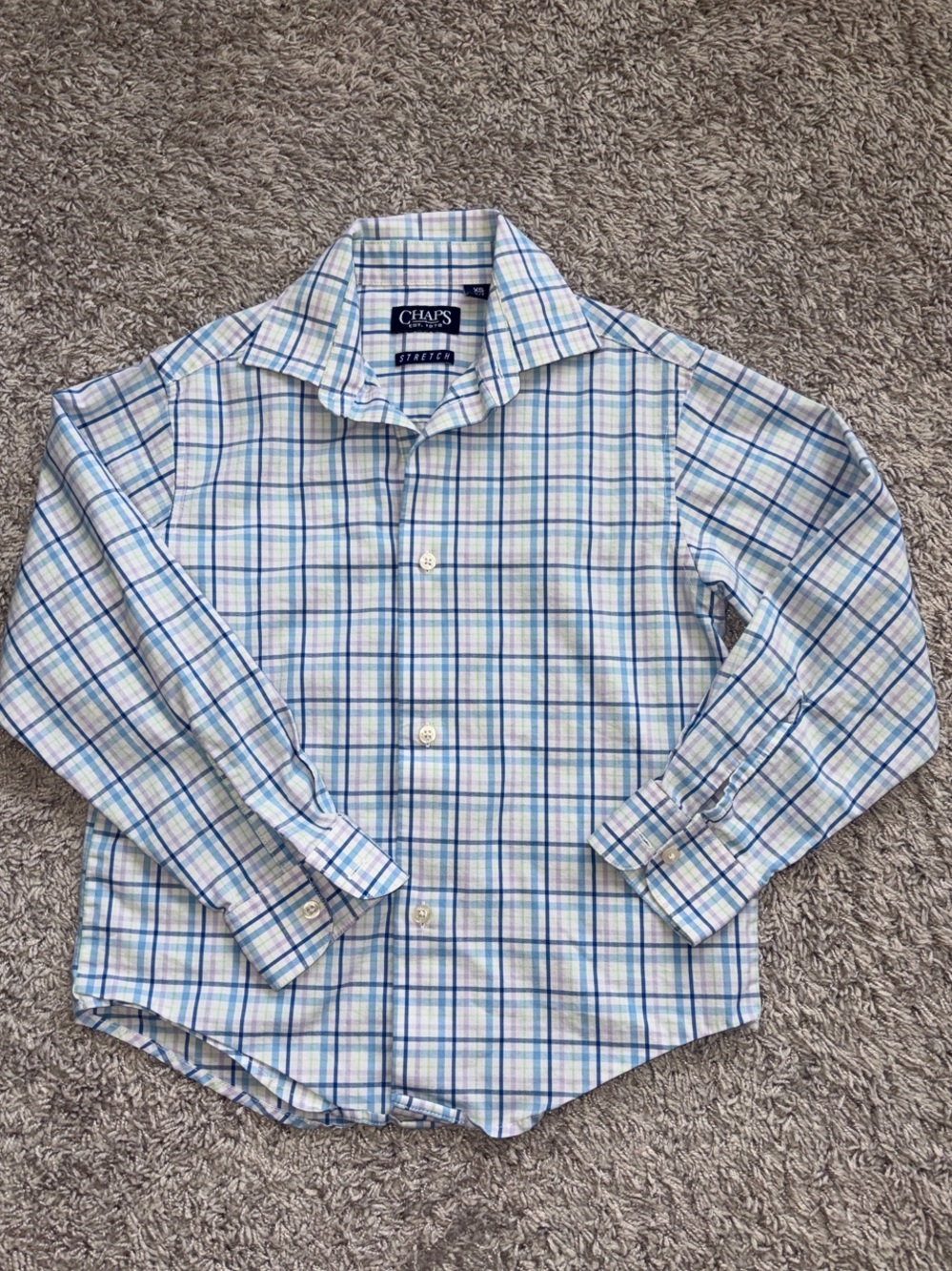 Chaps Light Blue, light purple Green & White Plaid Button-Down Shirt. 6/7 XS